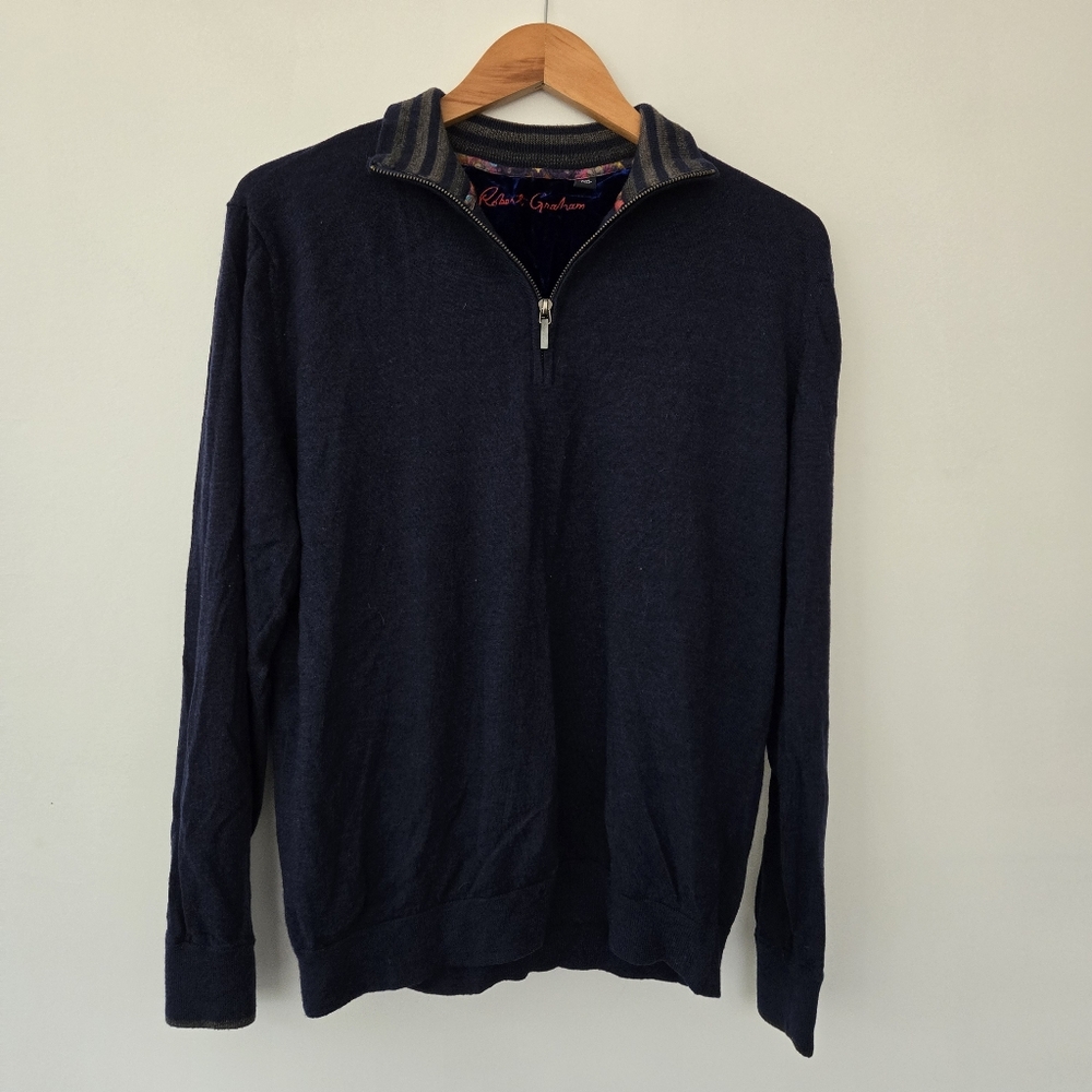 ROBERT GRAHAM Classic Fit L Large 1/4 Zip 100% Wool Pullover Sweater Navy